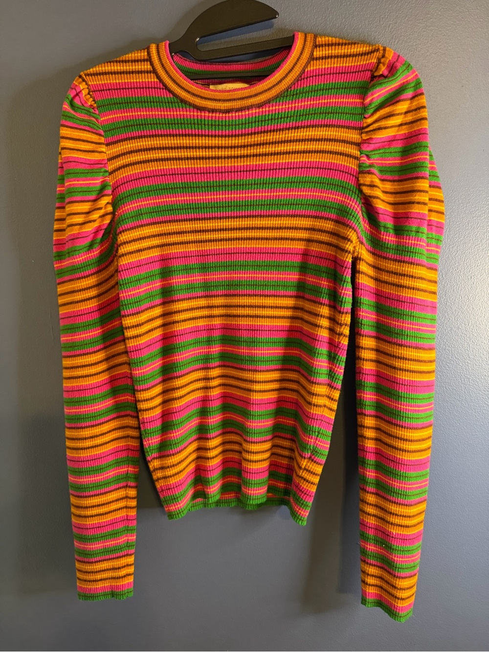 Flying Tomato Ribbed Crewneck Sweater in Pink, Green & Yellow Stripes Large